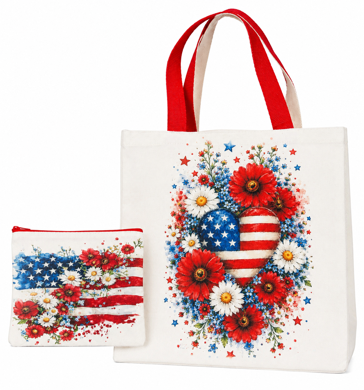🇺🇸✨ Patriotic Floral Tote & Matching Zipper Pouch Set ✨🇺🇸