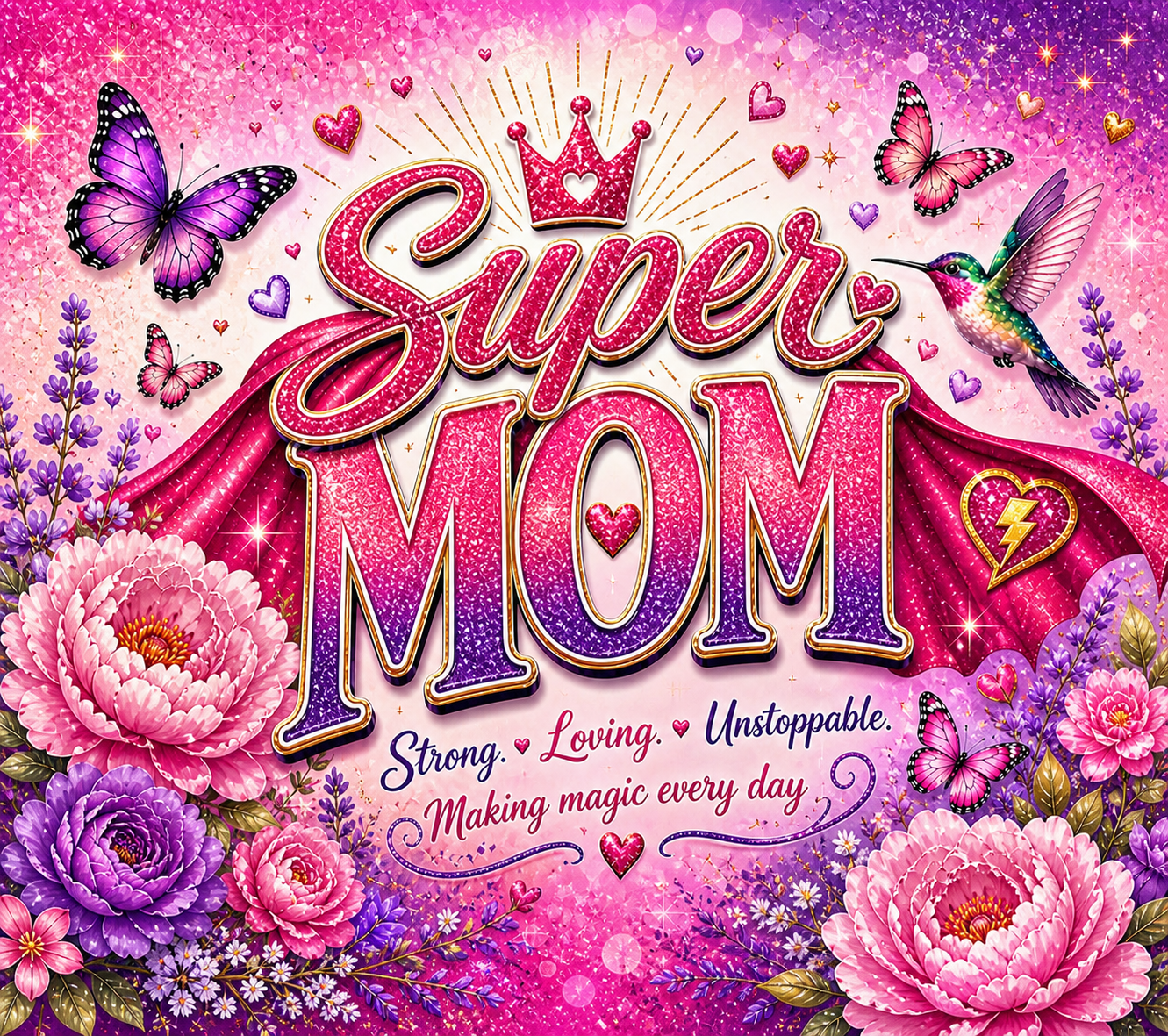 Super Mom 20oz Skinny Tumbler – Pink Glitter Floral Butterfly Wrap | Mother’s Day Sublimation Design
