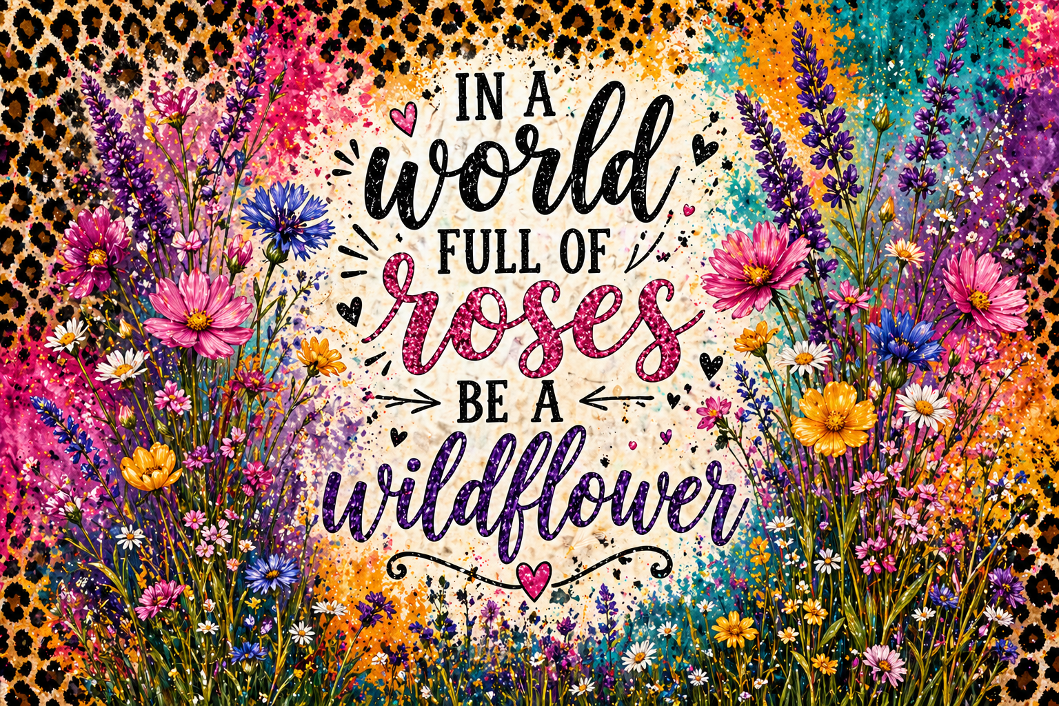 “In A World Full Of Roses Be A Wildflower” 20oz Skinny Tumbler – Floral Leopard Sublimation Wrap | Colorful Boho Tumbler Design