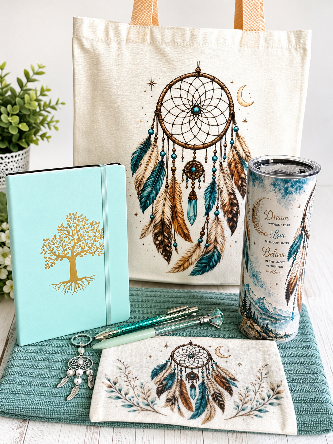 Boho Dreamcatcher Self-Care Gift Bundle | Thoughtful Gift for Her | Tumbler, Journal, Tote Bag & Accessories