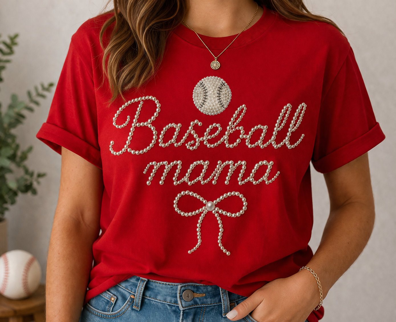Baseball Mama Pearl Graphic Tee – Cute Coquette Baseball Mom Shirt | Trendy Sports Mom T-Shirt