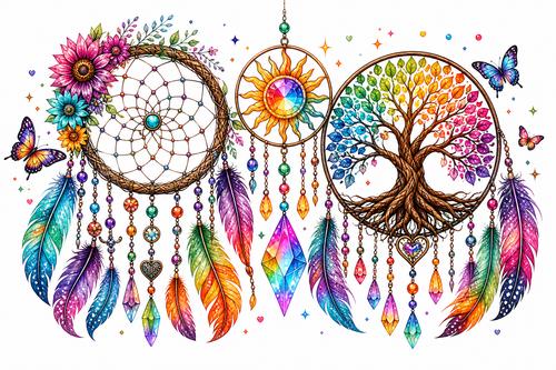 Boho Dreamcatcher & Tree of Life 20oz Skinny Glitter Tumbler – Rainbow Crystal Sublimation Wrap | Spiritual Bohemian Tumbler Design