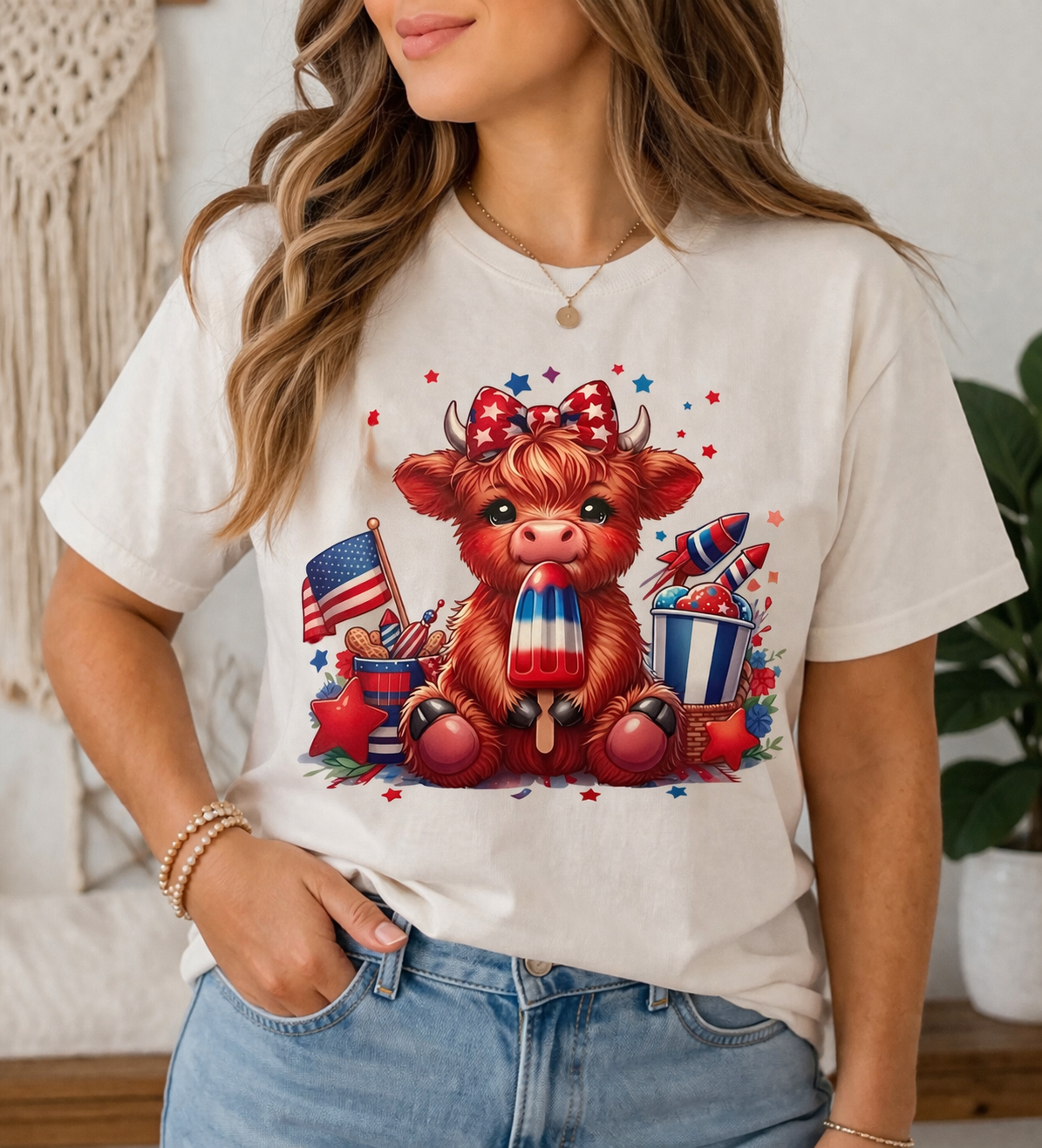Patriotic Highland Cow Shirt – Cute 4th of July Cow Tee with Popsicle
