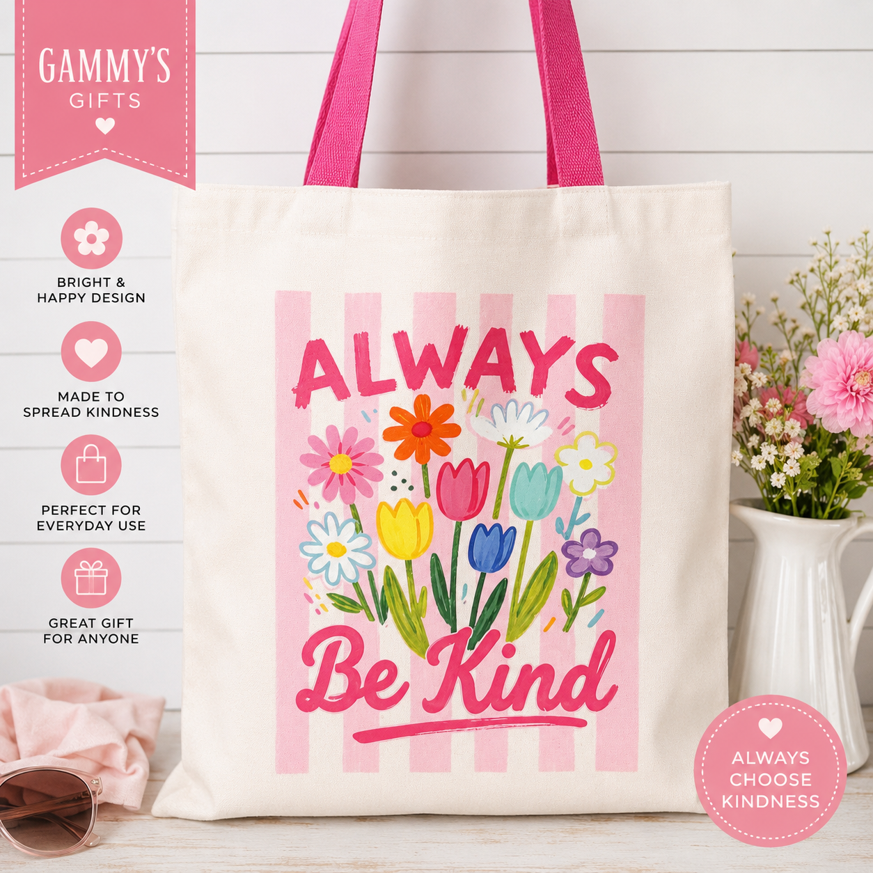 Always Be Kind Tote Bag | Floral Canvas Tote | Cute Reusable Shopping Bag | Teacher Gift | Positive Quote Tote | Spring by Flower Bag