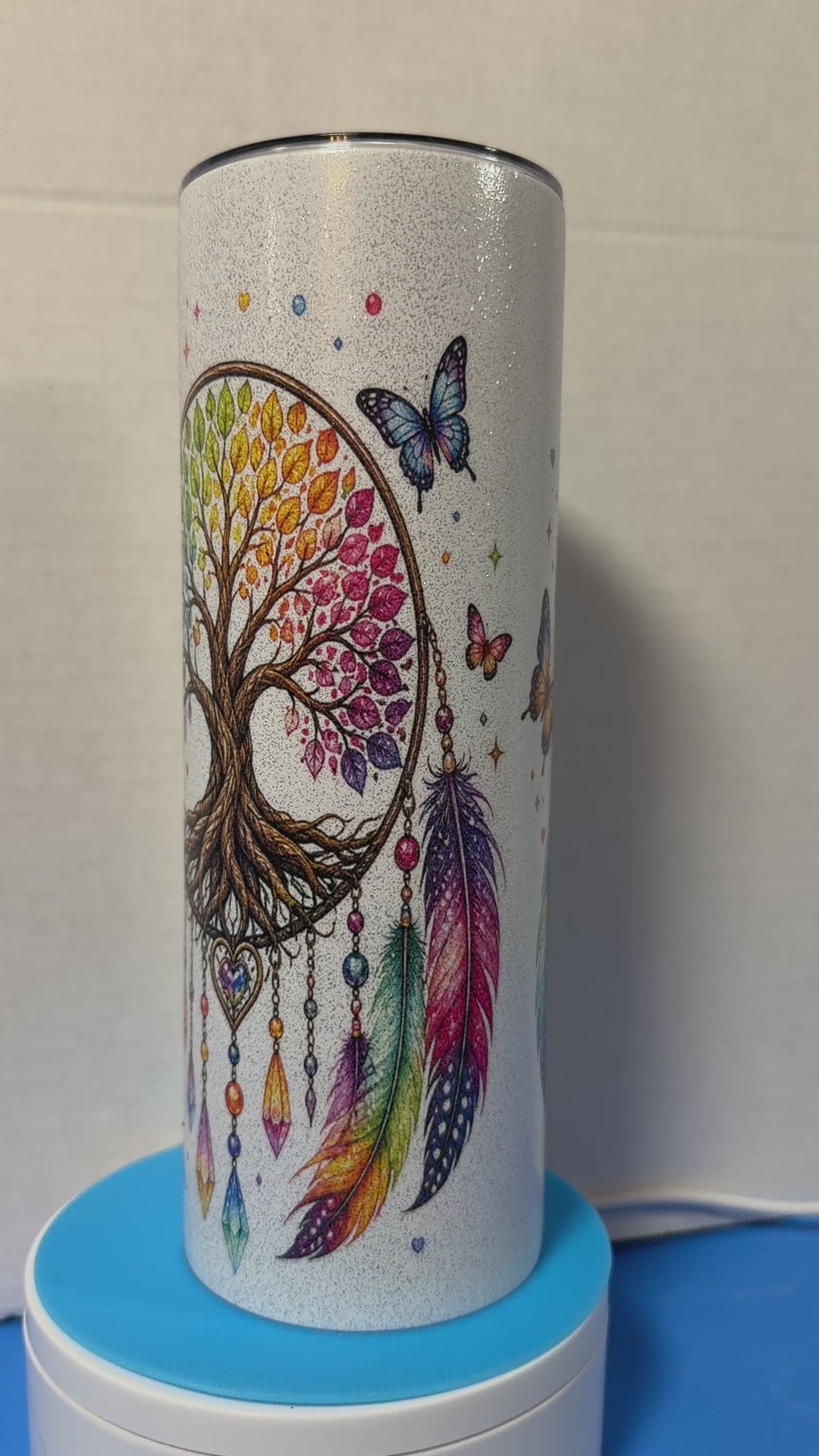 Boho Dreamcatcher & Tree of Life 20oz Skinny Glitter Tumbler – Rainbow Crystal Sublimation Wrap | Spiritual Bohemian Tumbler Design