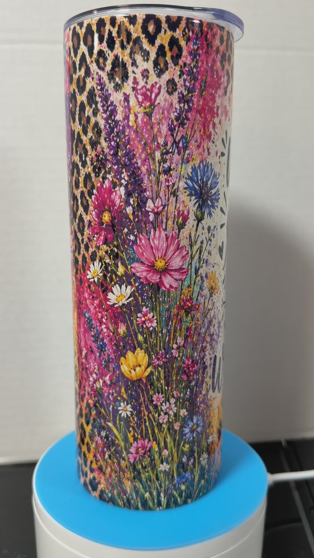 “In A World Full Of Roses Be A Wildflower” 20oz Skinny Tumbler – Floral Leopard Sublimation Wrap | Colorful Boho Tumbler Design
